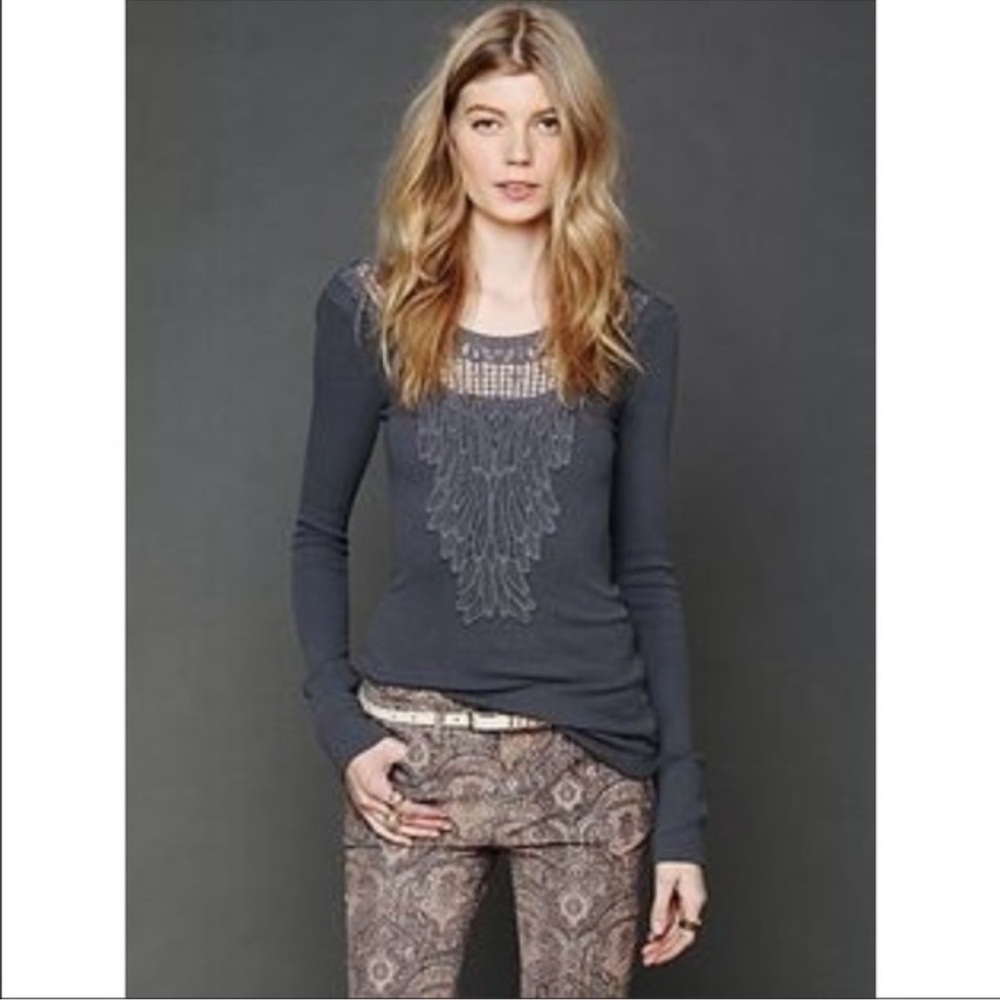 RARE Free People Jack of All Trades lace Crochet Neckline Thermal Top